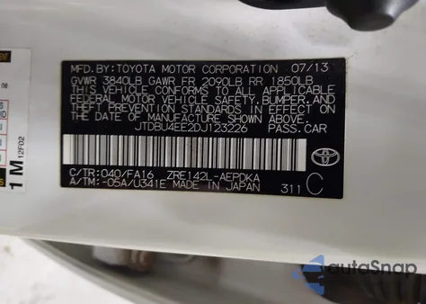 2013 Toyota Corolla L z USA, uszkodzony, nr VIN JTDBU4EE2DJ123226